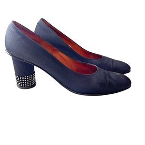 Vintage 60s Mr. Seymour 6.5AAA Black Pumps Block Heels Rhinestone Satin Leather